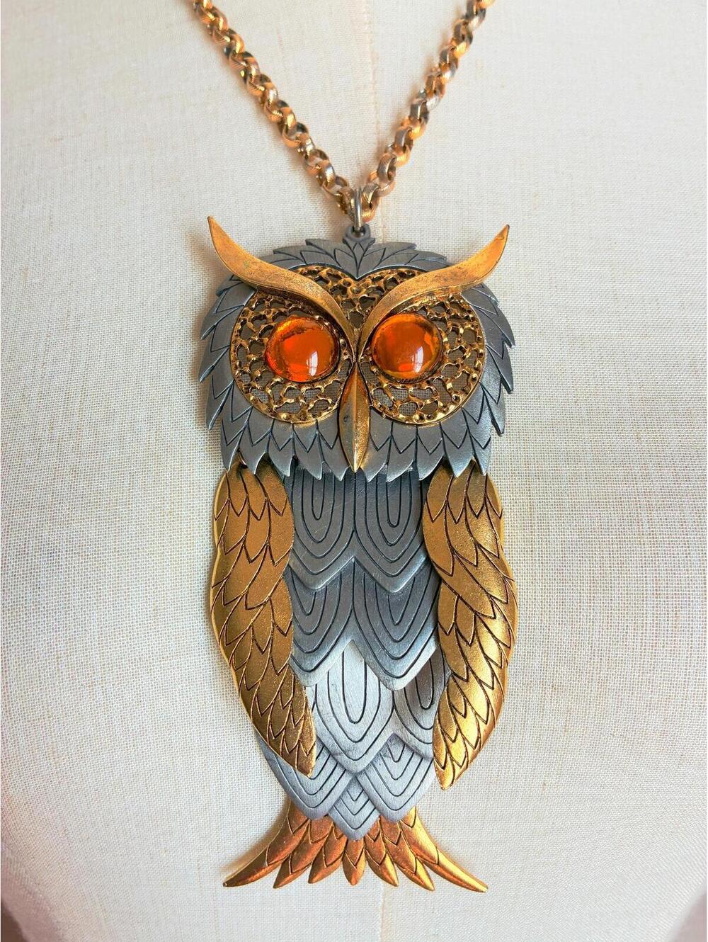 Vintage Articulated Owl Necklace Huge Mixed Metal Amber Eyes 1960s 1970s Pendant